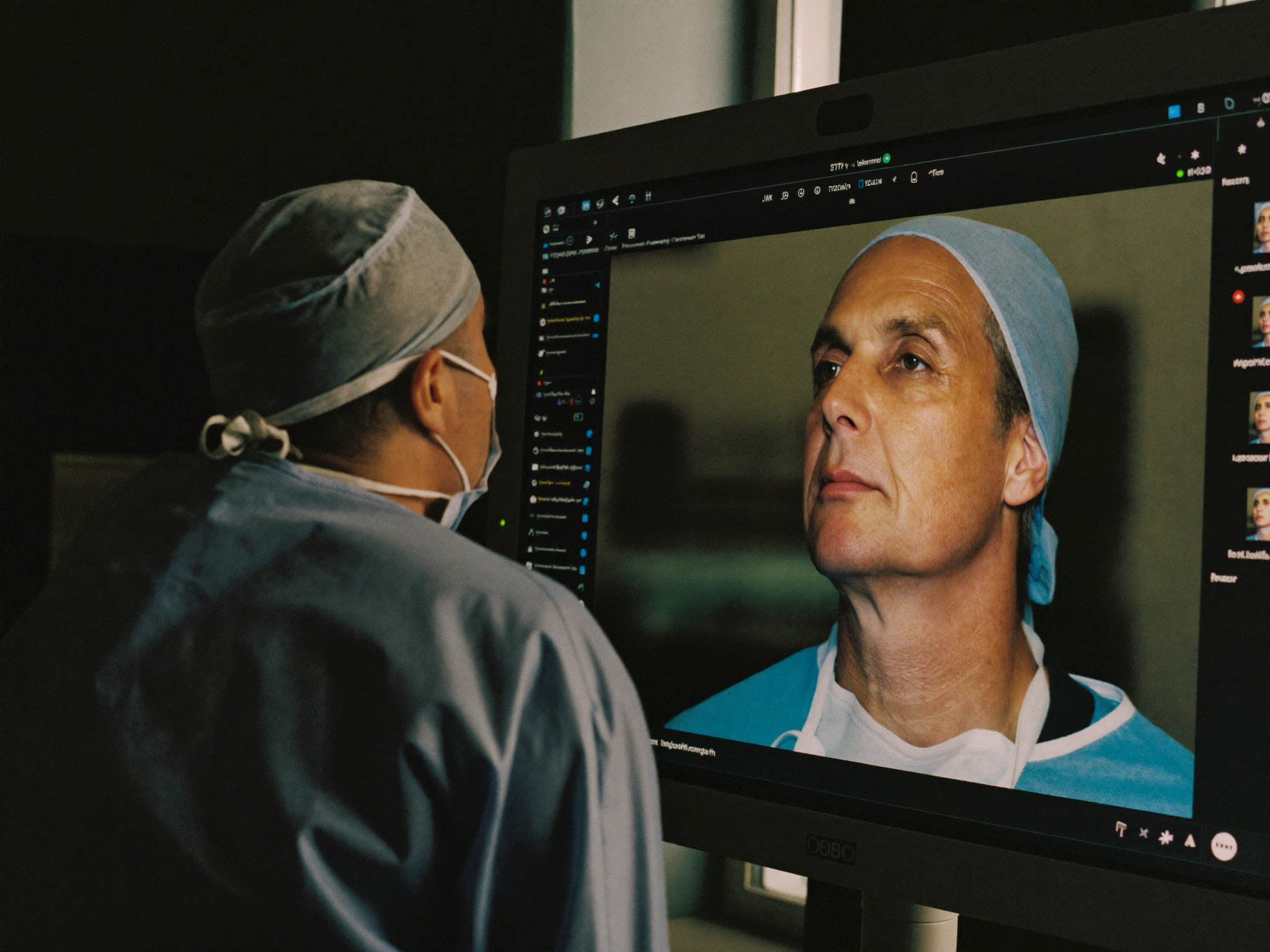 A surgeon reviewing their own work