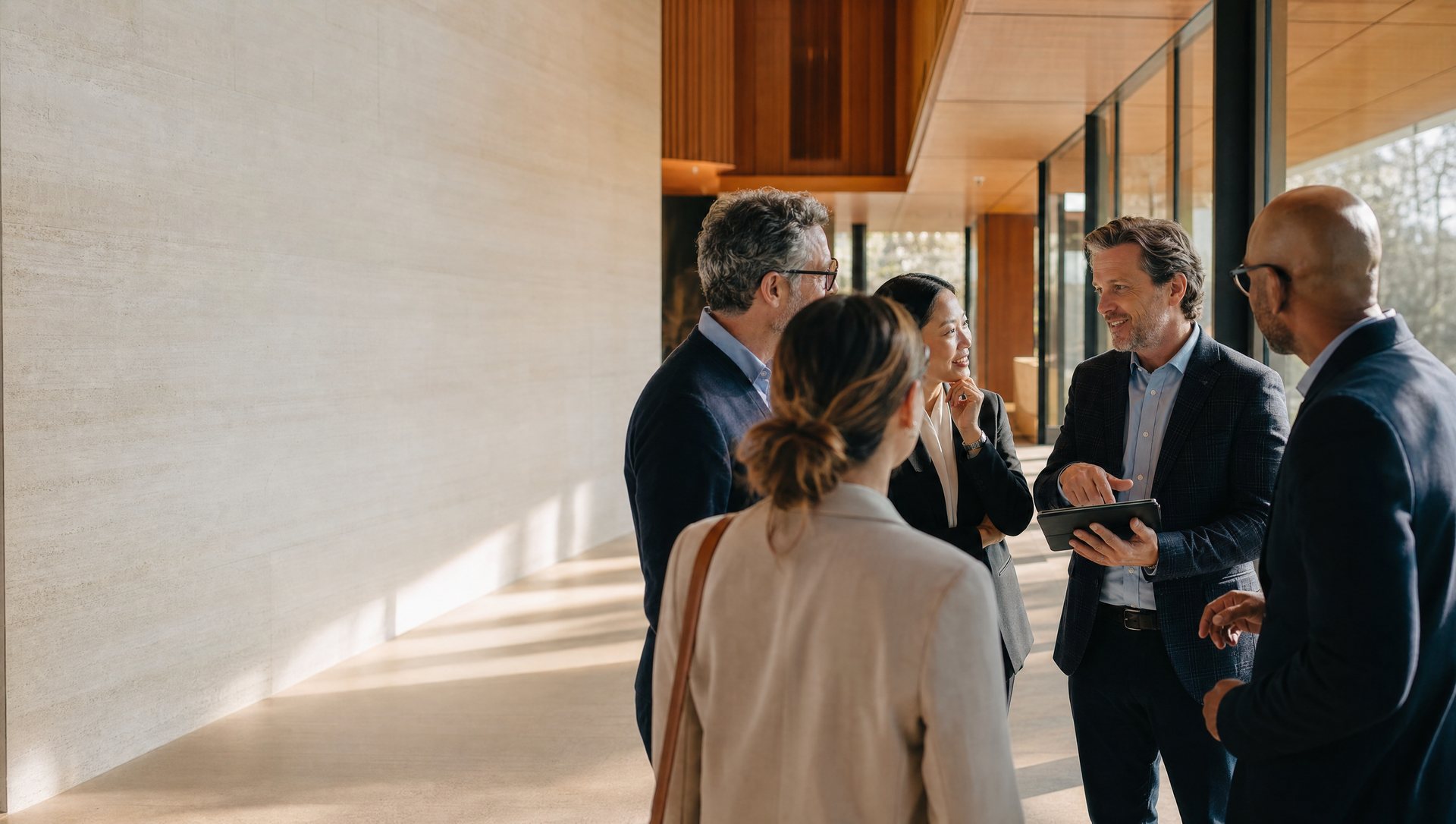 A senior ophthalmologist and a younger colleague in conversation