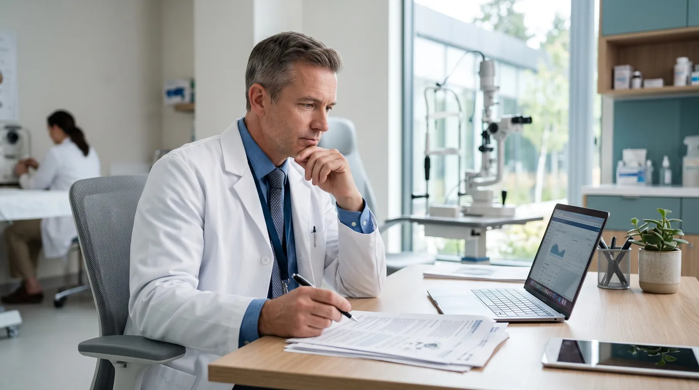 Ophthalmologist reviewing CME accreditation certificates at a clinic desk