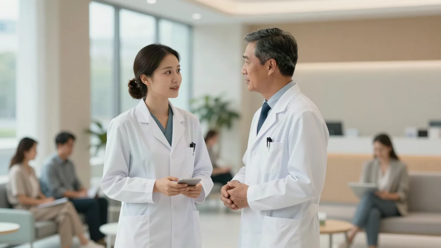 Two ophthalmologists talking in the waiting area of a private eye clinic