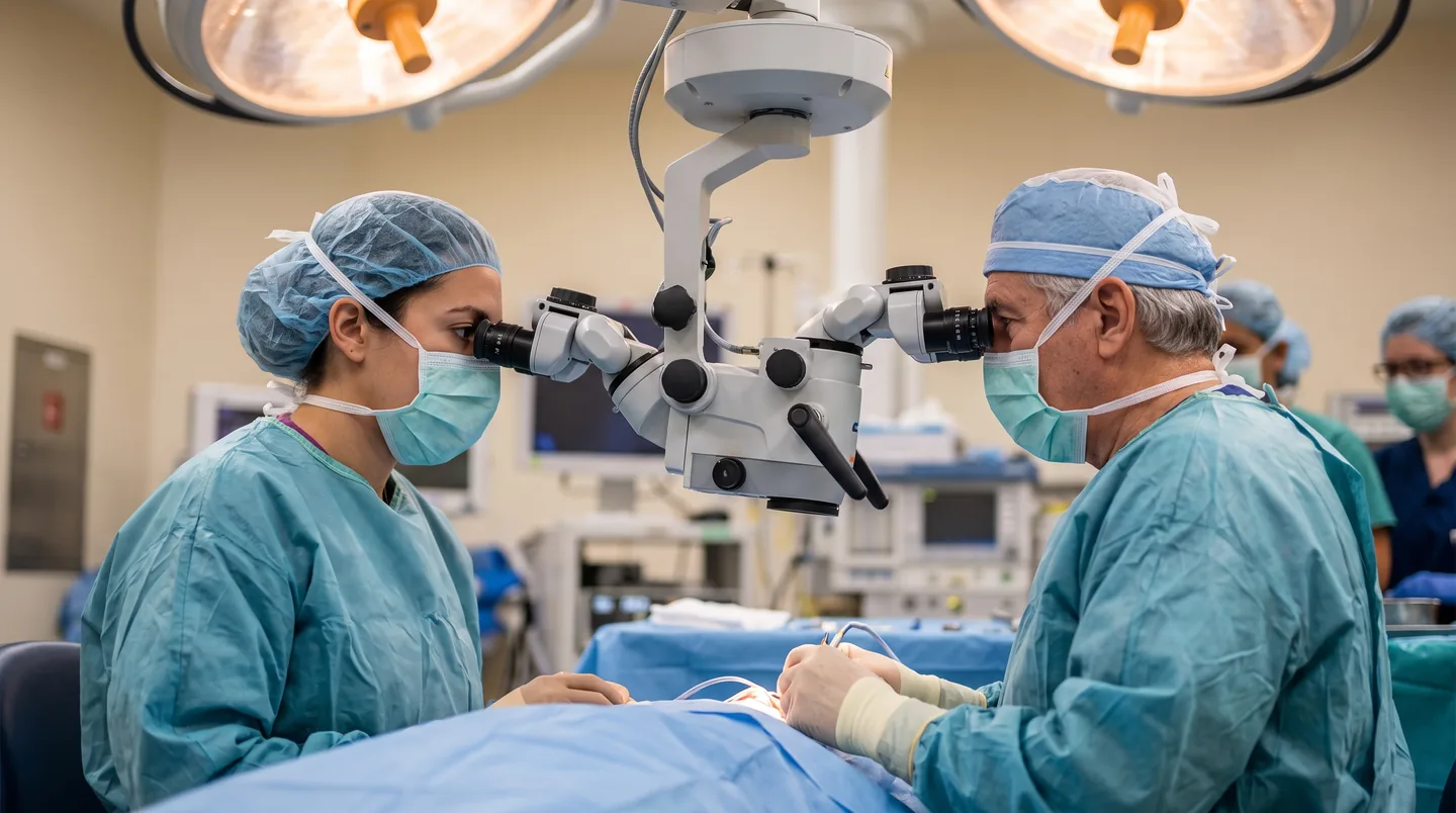 Ophthalmology fellow observing surgery through a teaching microscope beside a senior surgeon
