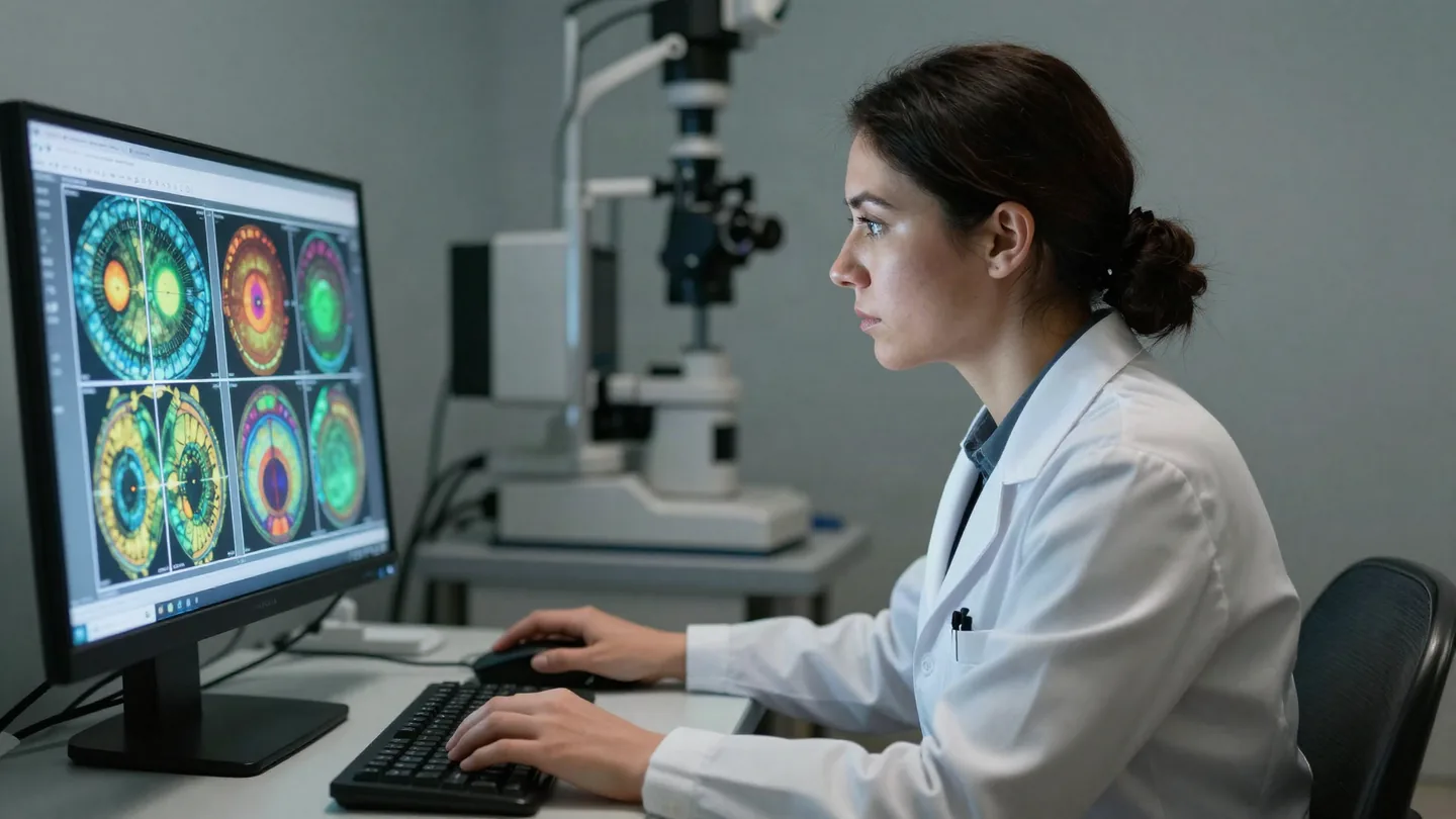 Ophthalmologist reviewing corneal topography maps on screen during keratoconus assessment