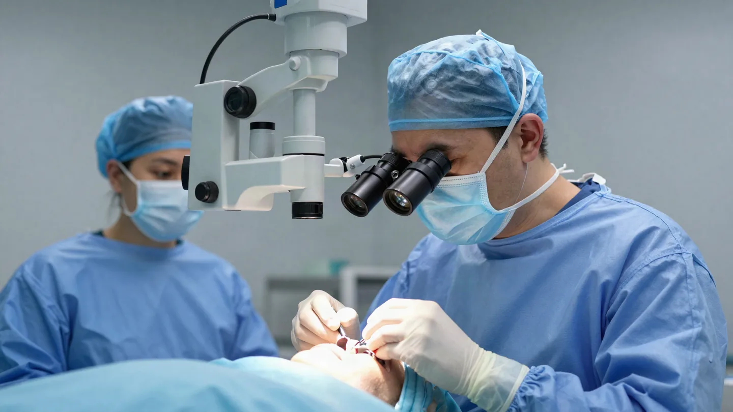 Ophthalmic surgeon at the operating microscope performing minimally invasive glaucoma surgery