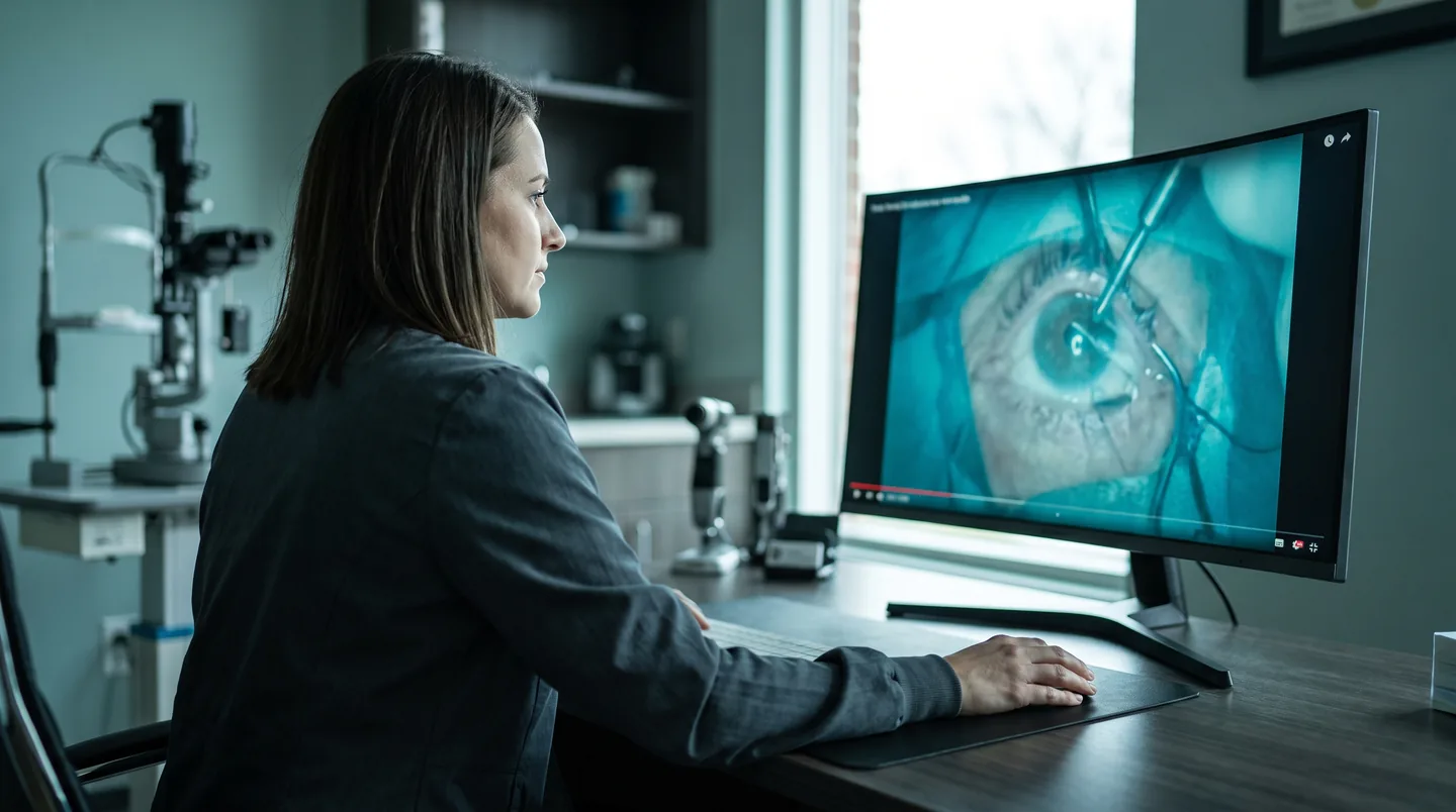 Ophthalmologist reviewing an online ophthalmology course on a monitor showing eye surgery