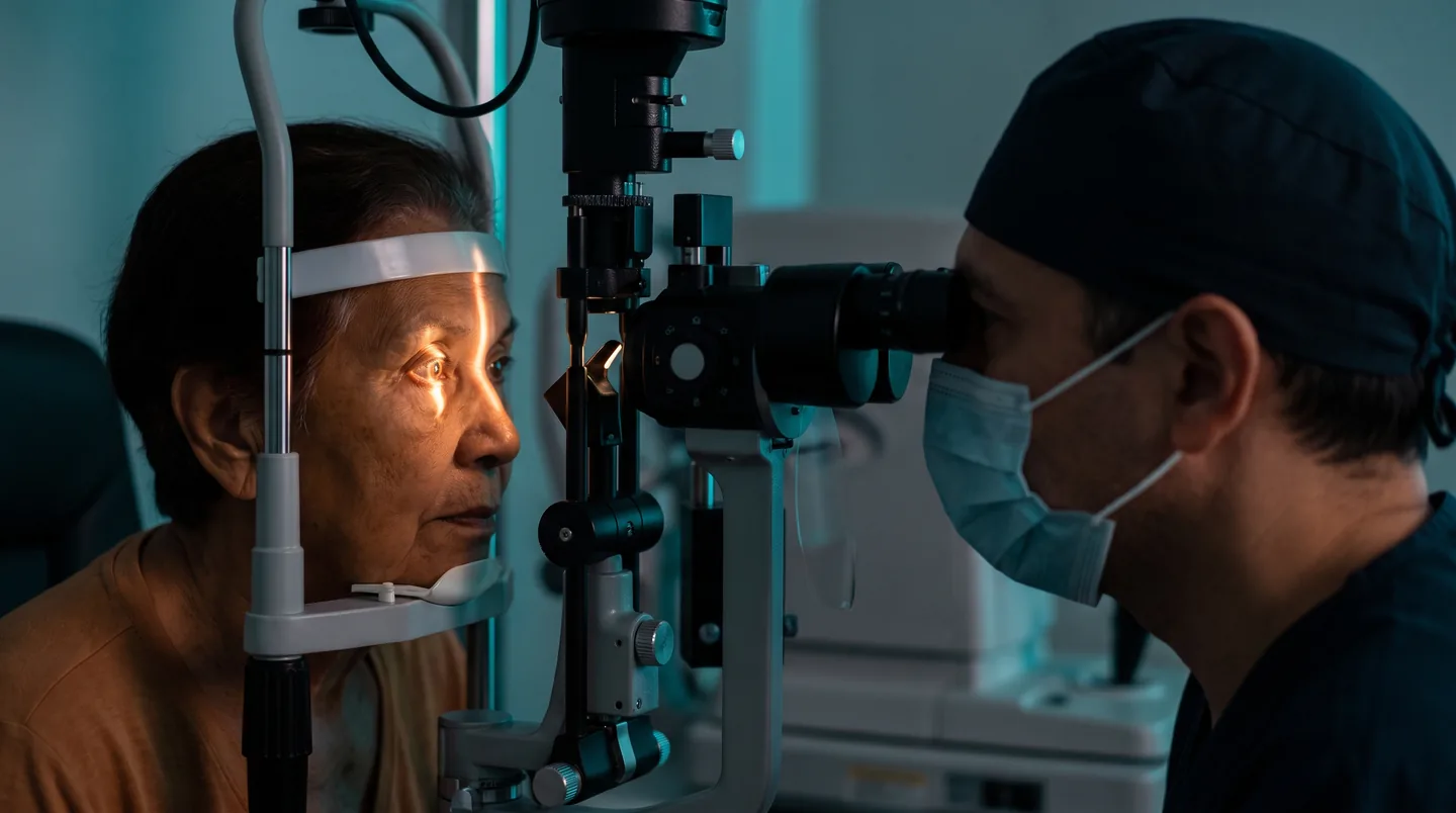 Slit lamp examination of an older patient, the setting in which pseudoexfoliation is usually found