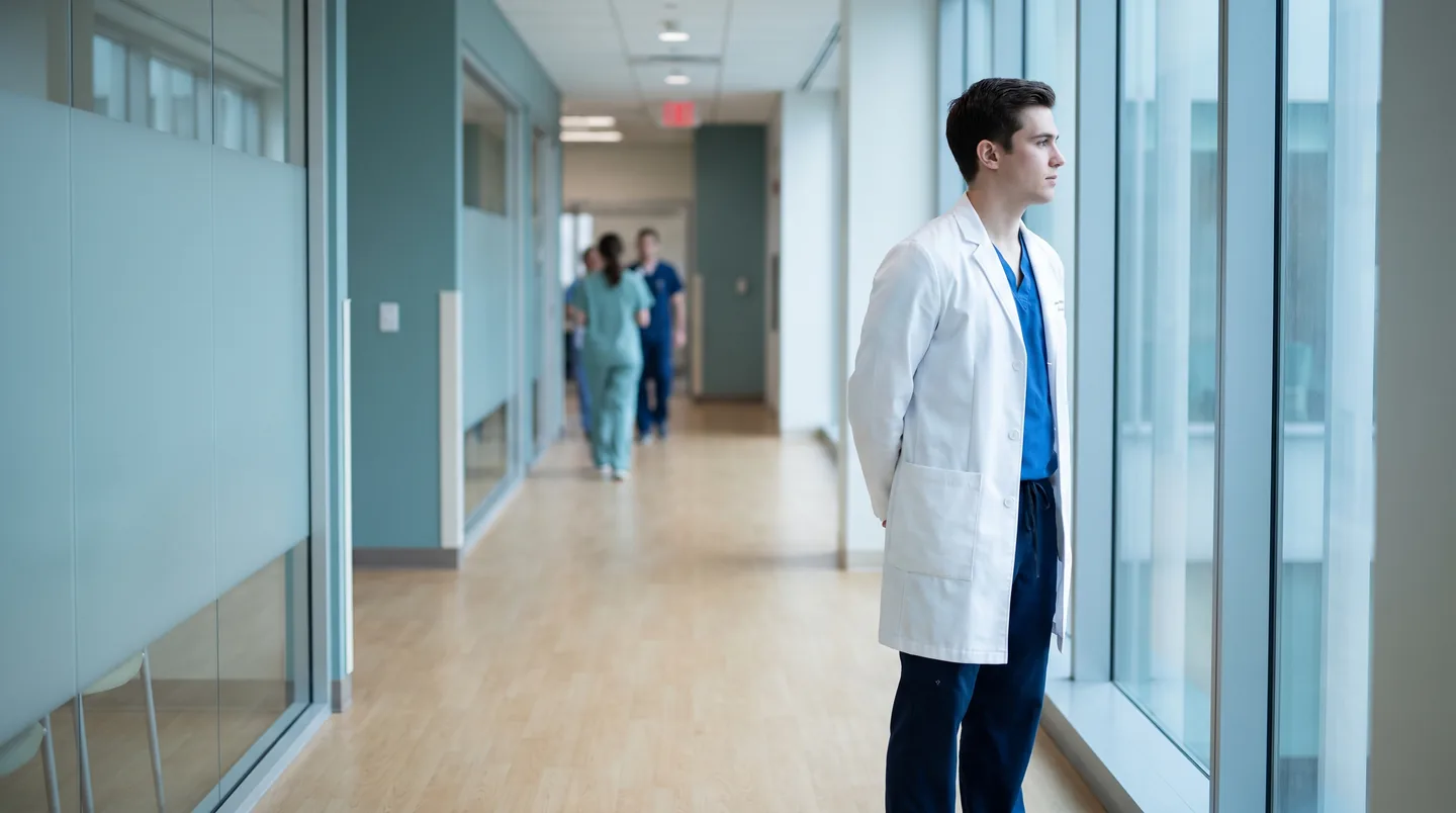 Young ophthalmologist in a hospital corridor considering which subspecialty to choose