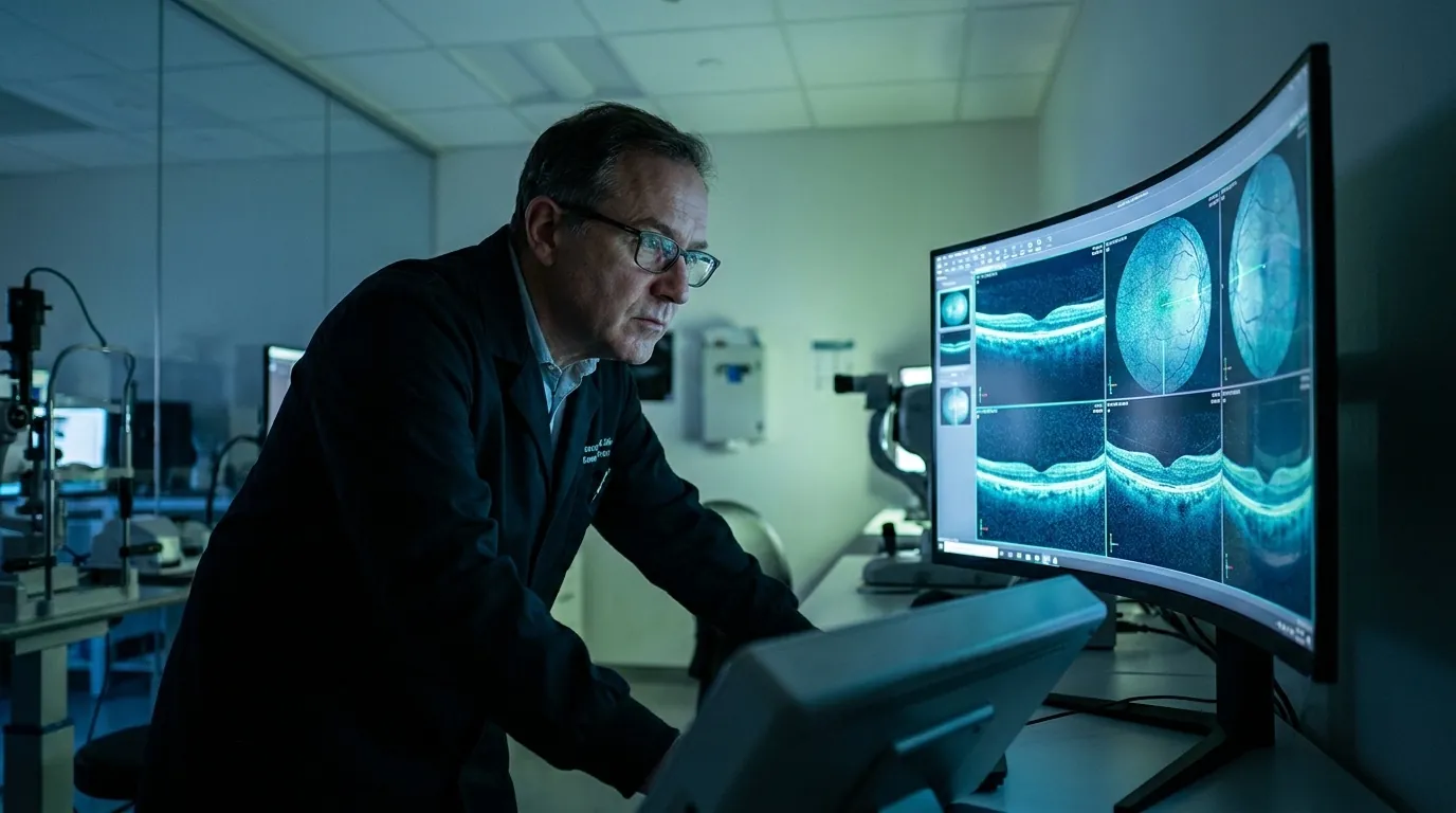 Un oftalmólogo estudiando escáneres de retina